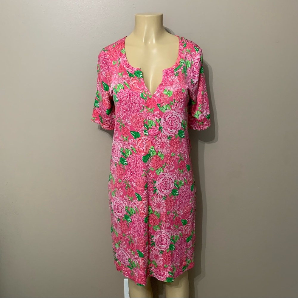 Lilly Pulitzer Women’s Sz 8 Daiquiri Pink Green Floral Print 100% Silk Dress